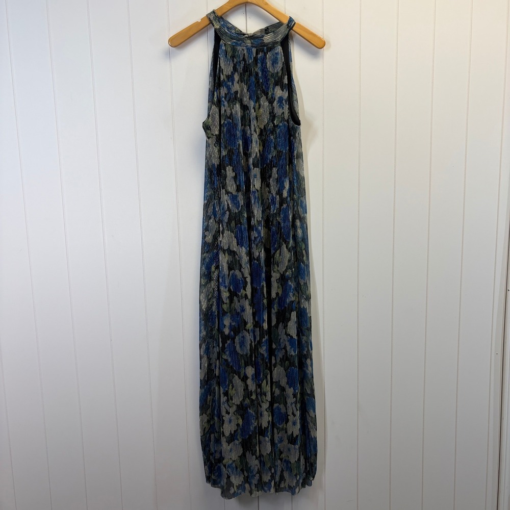 Anewsta Cocktail Shimmery Plisse Floral Halter Maxi Dress Womens Large Party